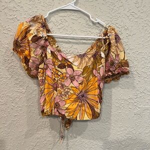 Angie Vibrant Floral Crop Top with Puff Sleeves